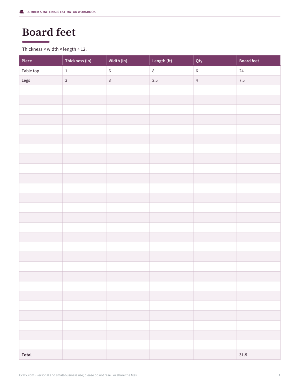 Preview of Printable Board Feet Calculator
