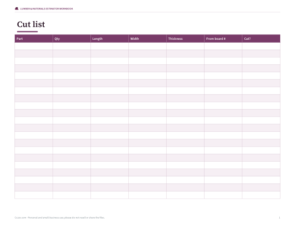 Preview of Printable Cut List